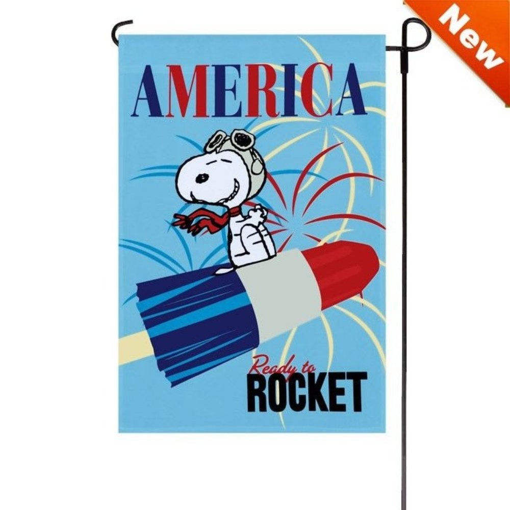 "AMERICA: Ready to Rocket ?"  SNOOPY PEANUTS GANG Banner Flag 40165 12 x 18"NIP